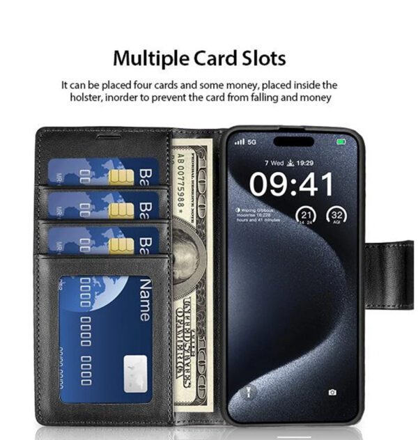 iPhone 16 Plus Hanman Magnetic Detachable Leather Case Flip Wallet Cover - Black - Image 2