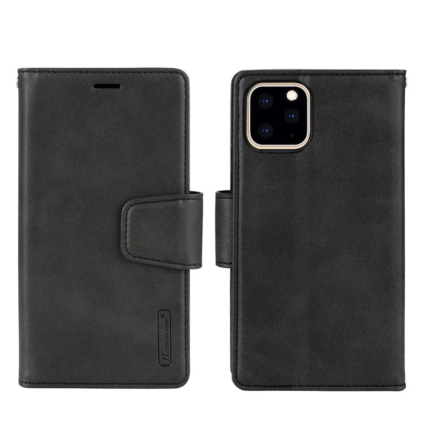 Black Hanman magnetic detachable leather flip wallet case for iPhone 12/12 Pro, sleek and protective.