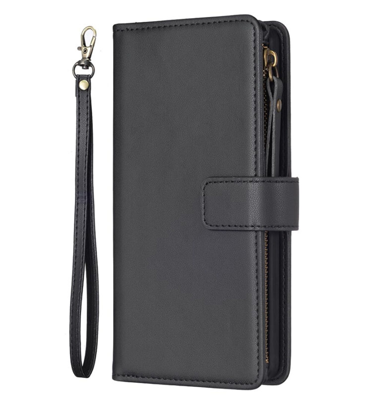 Black Zipper Wallet Flip Case for iPhone 14 Pro Max, durable and practical.