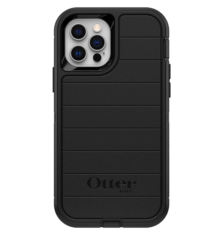 Black Otterbox Defender back cover for iPhone 12/12 Pro, tough and secure protection.