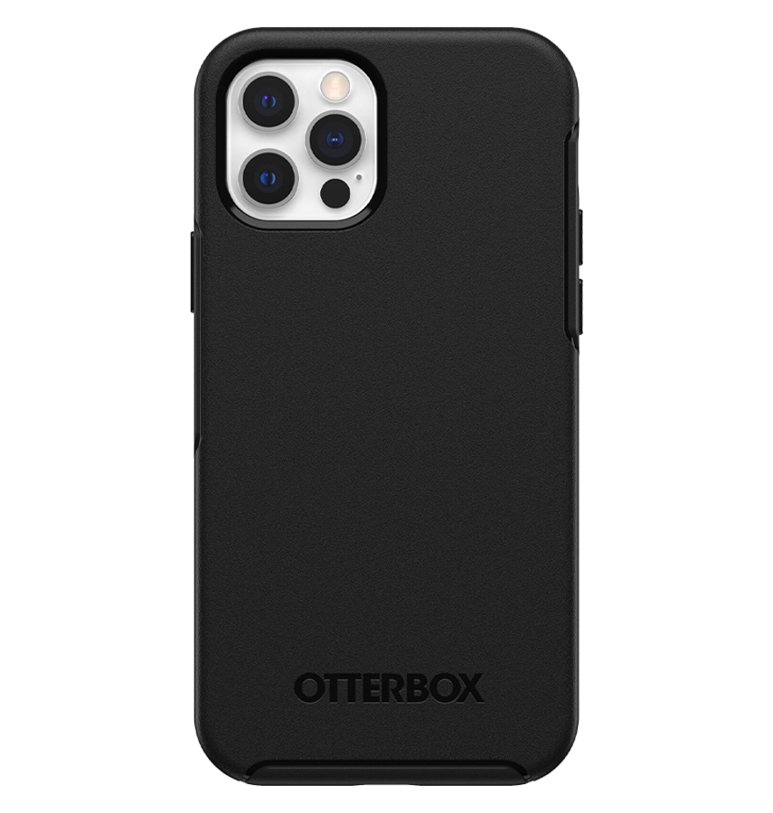 Black Otterbox Symmetry back cover for iPhone 12/12 Pro, rugged and reliable fit.