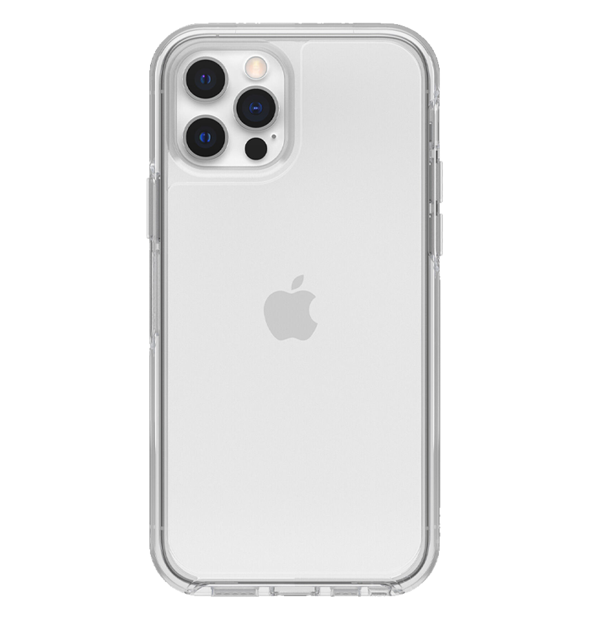 Clear Otterbox Symmetry back cover for iPhone 12/12 Pro, slim and durable design.