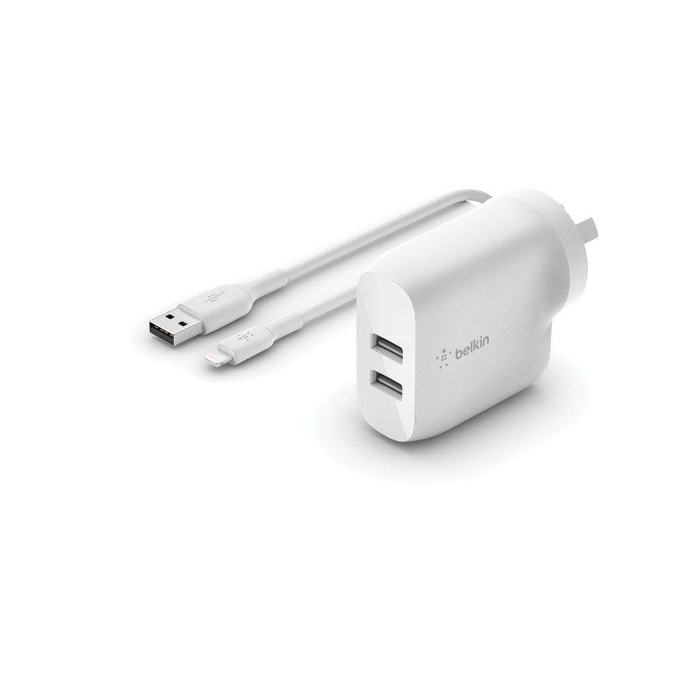 Belkin BOOSTCHARGE Dual USB-A Wall Charger 24W + Lightning to USB-A Cable For Apple Devices - White